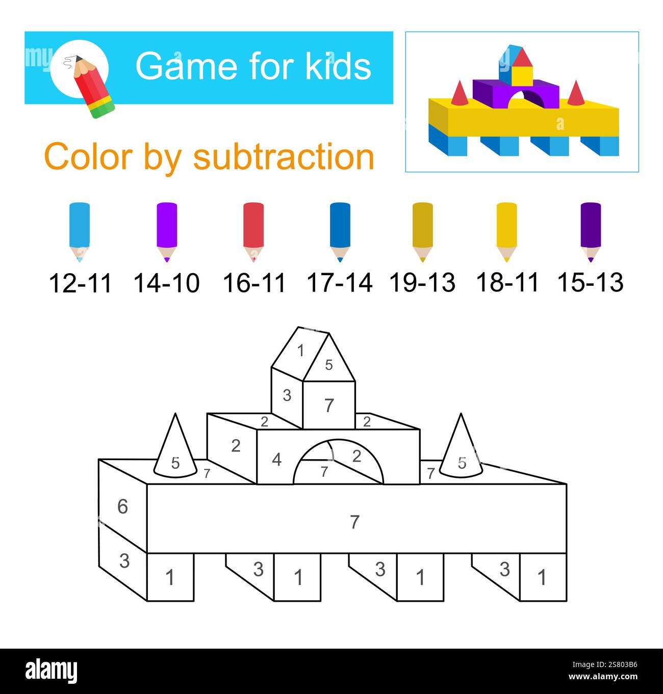 Pagine da colorare. Colore per sottrazione. Illustrazione vettoriale per l'educazione dei bambini. Piramide dei cartoni animati. Illustrazione Vettoriale