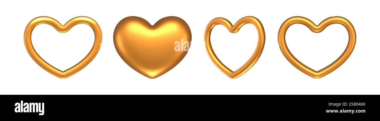 Design realistico del set di cuori d'oro 3D. Illustrazione Vettoriale