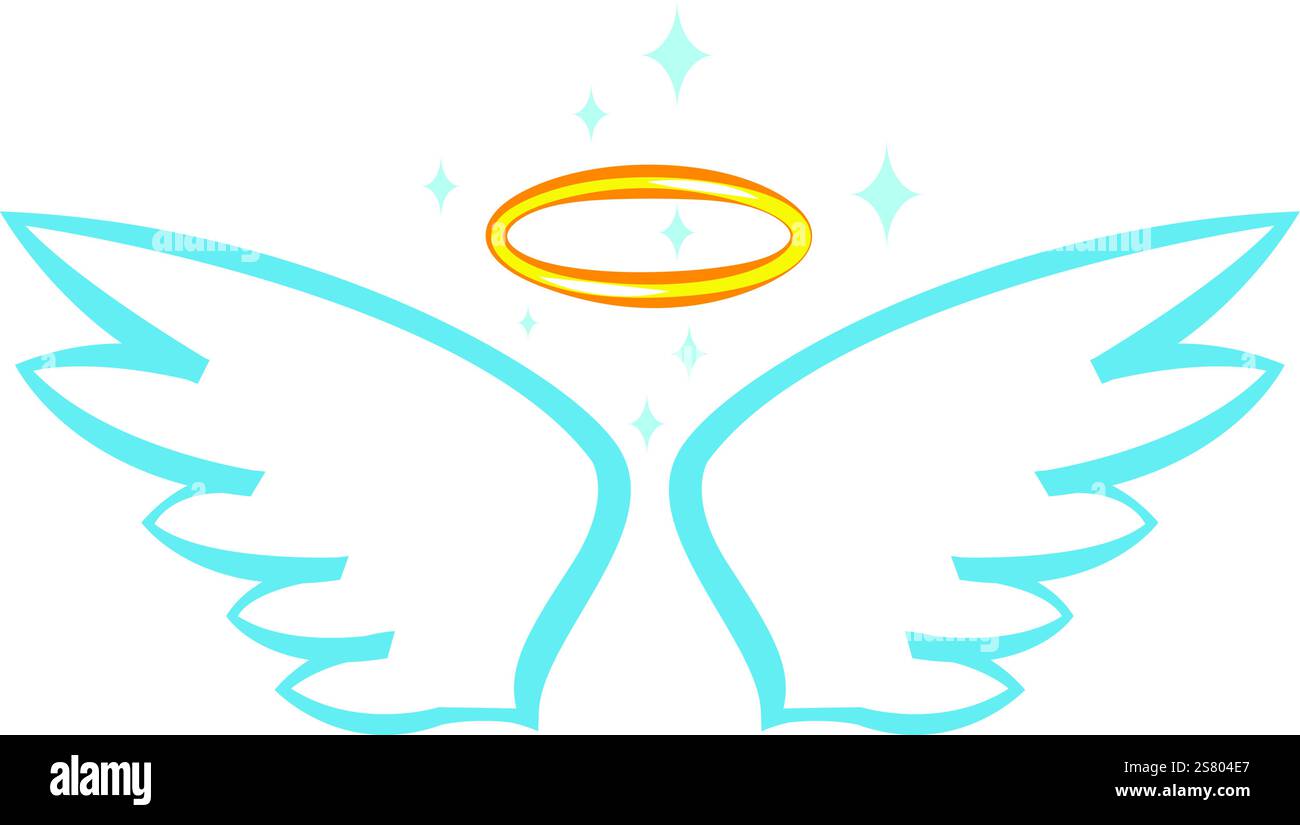 Disegno di cartoni animati con ali d'angelo e un alone, brillanti di stelle, che incarnano temi di purezza, spiritualità e presenza divina in uno stile magico ed etereo Illustrazione Vettoriale