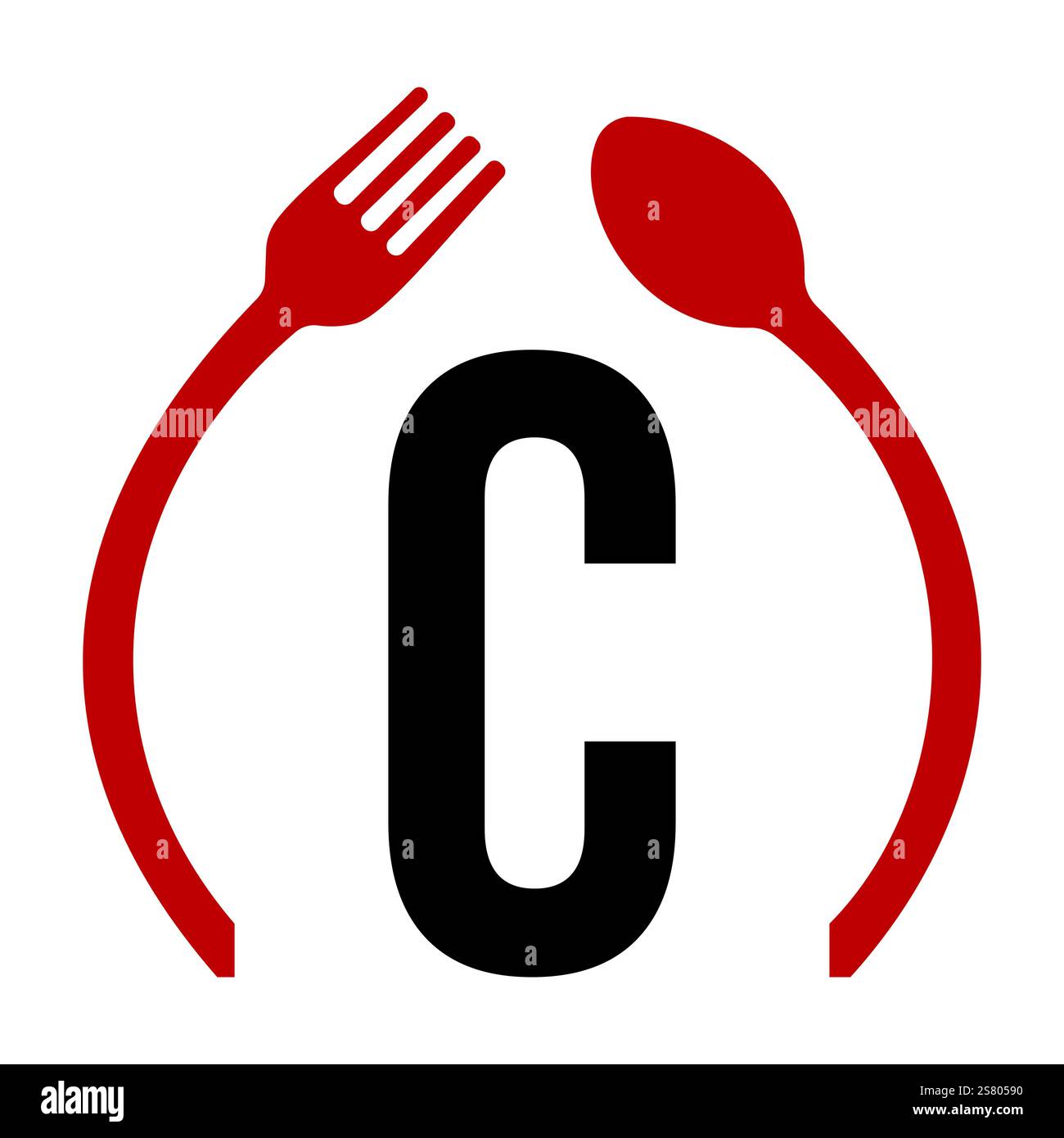 Lettera iniziale C concetto di design del logo del ristorante con cucchiaio e forchetta Symbol modello vettoriale Illustrazione Vettoriale