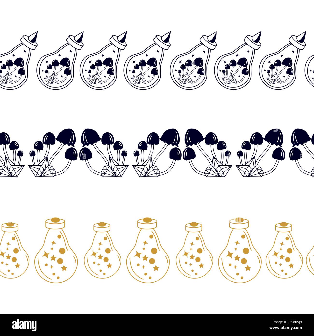 Bordo orizzontale, imposta magia e cielo senza cuciture, con elementi magici simboli del tema stregoneria Illustrazione Vettoriale