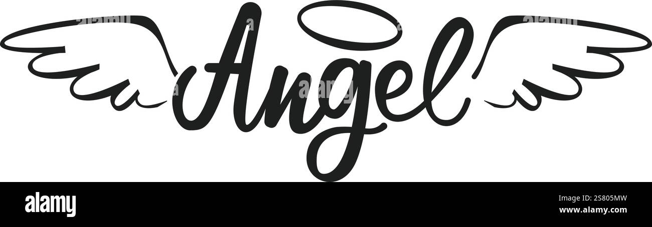 Lettere scritte a mano che formano la parola angelo, adornate con ali delicate e un alone, che incarnano temi di spiritualità, purezza e presenza divina in un design sereno Illustrazione Vettoriale