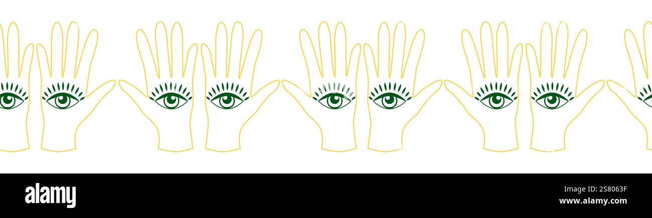 Bordo orizzontale, imposta magia e cielo senza cuciture, con elementi magici simboli del tema stregoneria Illustrazione Vettoriale