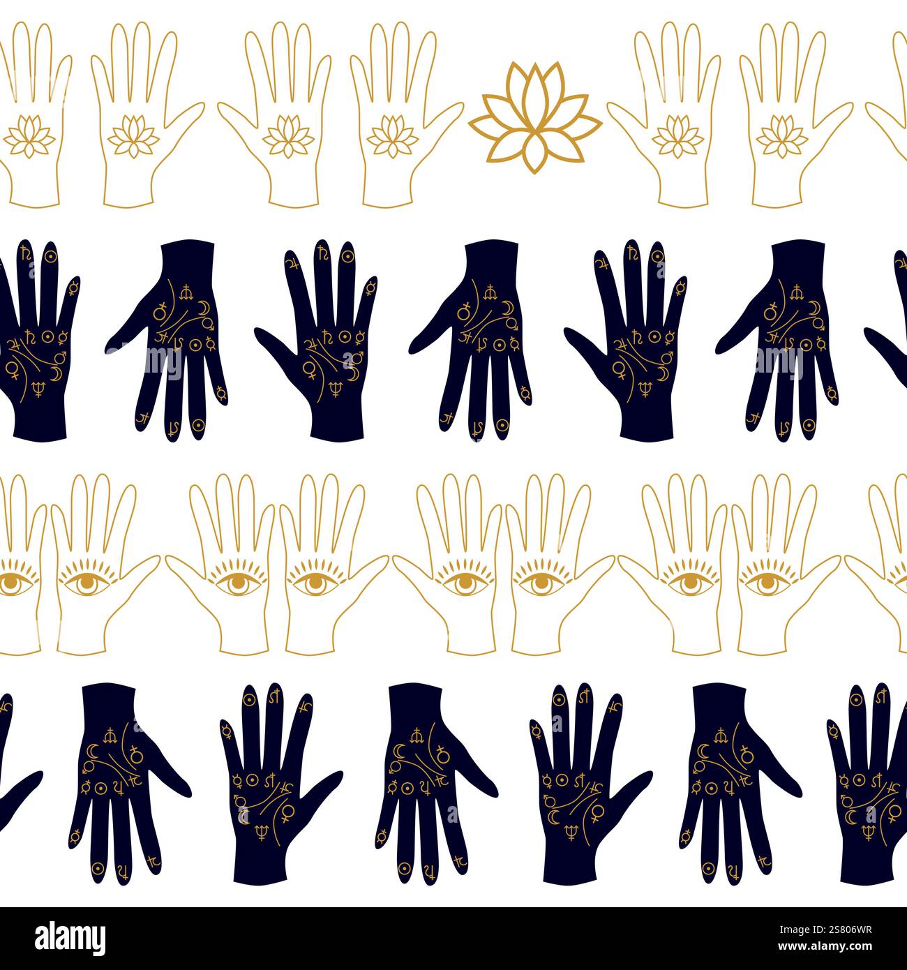 Bordo orizzontale, imposta magia e cielo senza cuciture, con elementi magici simboli del tema stregoneria Illustrazione Vettoriale