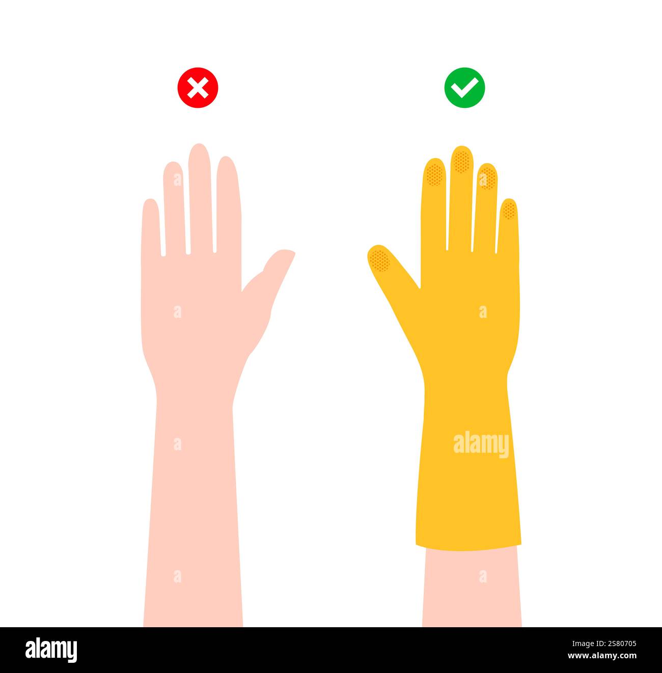 Si attacca correttamente e male senza indossare guanti cartone animato guanti protettivi per la pulizia di giallo guanti accessori moda indumento illustrativo. Lavastoviglie Vector per uomo modello piatto da donna isolato su bianco Illustrazione Vettoriale