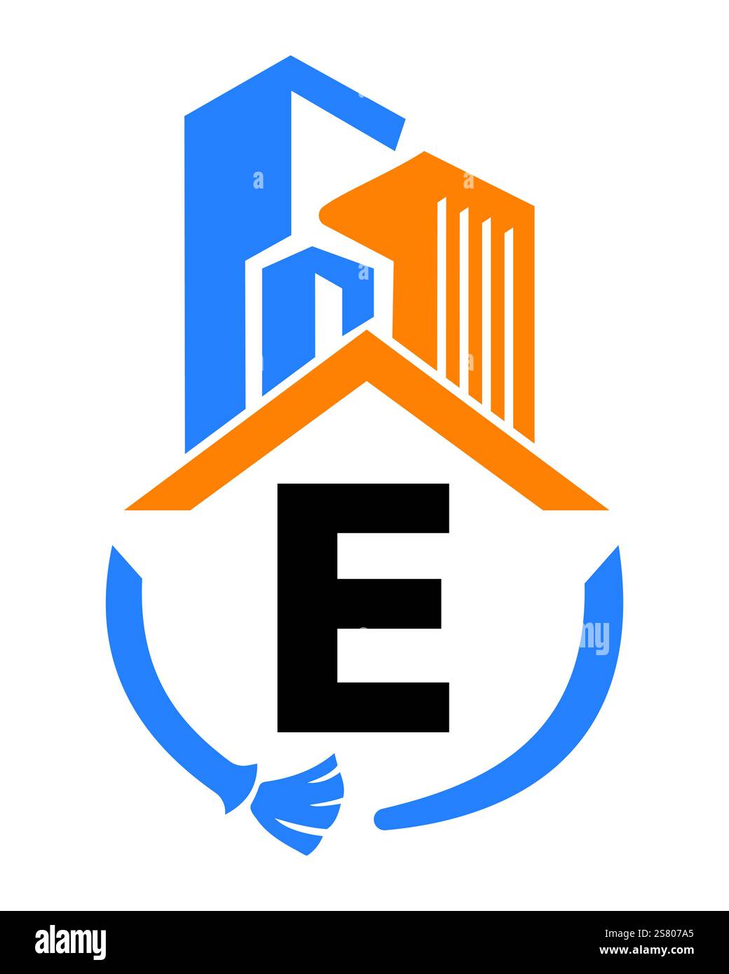 Lettera iniziale e concetto del logo per la pulizia industriale con spazzola per la pulizia e simbolo da costruzione. Insegna scopa Illustrazione Vettoriale