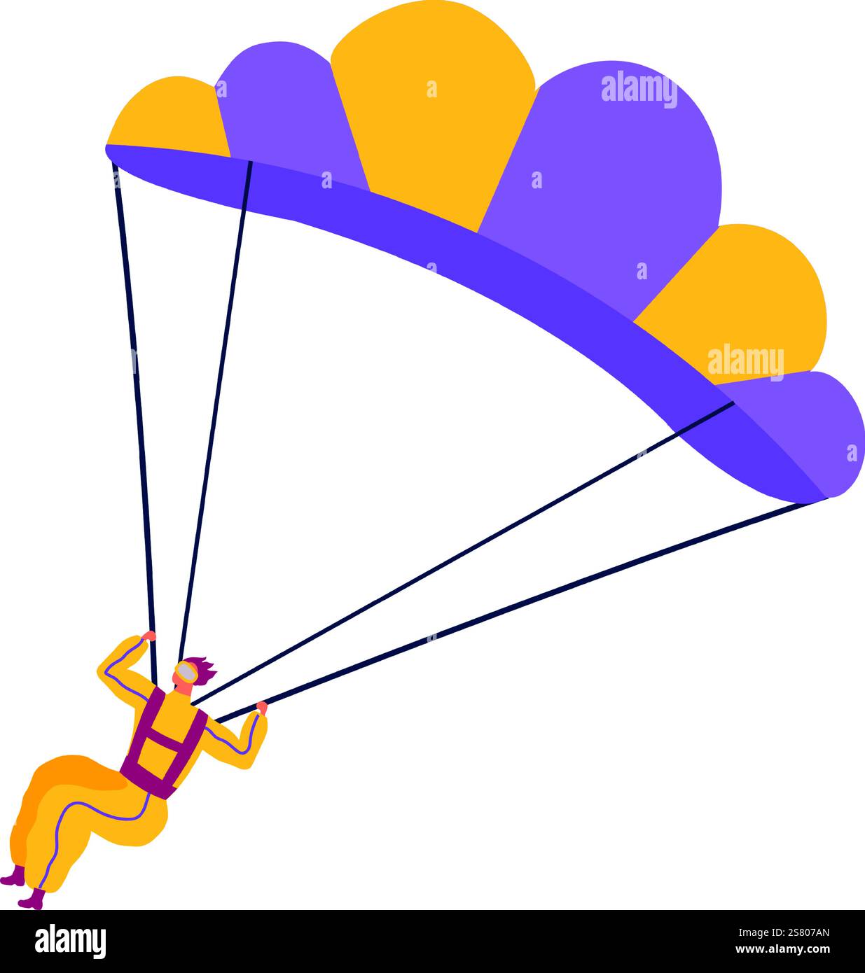 Skydiver che indossa una tuta gialla e occhiali protettivi che volano con paracadute viola e giallo che scivolano attraverso l'aria godendo di attività sportive estreme Illustrazione Vettoriale Skydiver che indossa una tuta gialla e occhiali protettivi che volano con paracadute viola e giallo che scivolano attraverso l'aria godendo di attività sportive estreme Illustrazione Vettoriale