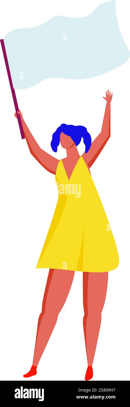 Giovane donna con bandiera bianca che celebra la vittoria, attivista che manifesta per i diritti umani, la pace e la libertà, la resa o il concetto di tregua Illustrazione Vettoriale Giovane donna con bandiera bianca che celebra la vittoria, attivista che manifesta per i diritti umani, la pace e la libertà, la resa o il concetto di tregua Illustrazione Vettoriale