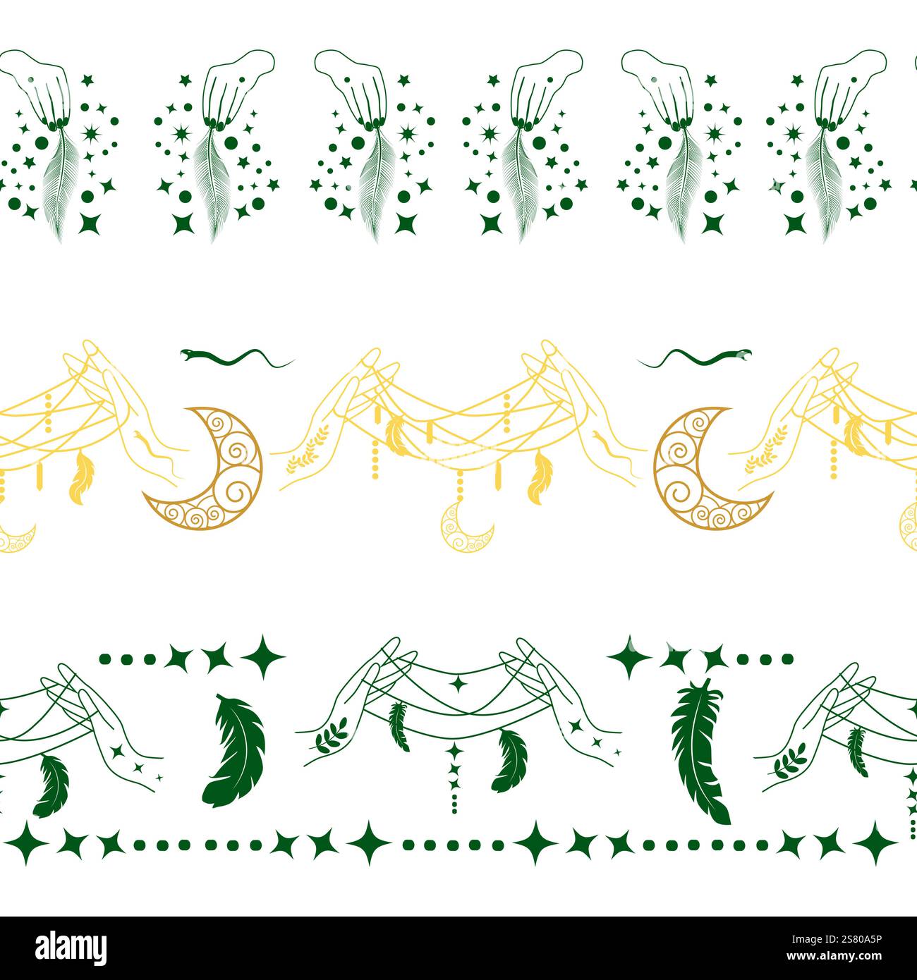 Bordo orizzontale, imposta magia e cielo senza cuciture, con elementi magici simboli del tema stregoneria Illustrazione Vettoriale