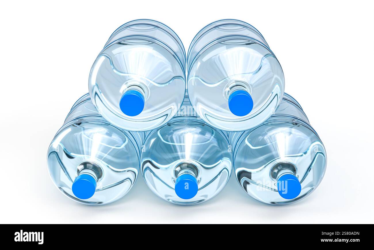 Grandi bottiglie d'acqua in plastica impilate su sfondo bianco 3d. Foto Stock