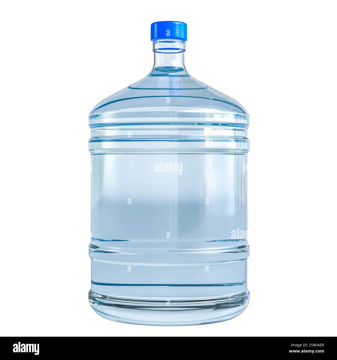 Bottiglia d'acqua in plastica grande, tappo blu, sfondo trasparente 3d. Foto Stock