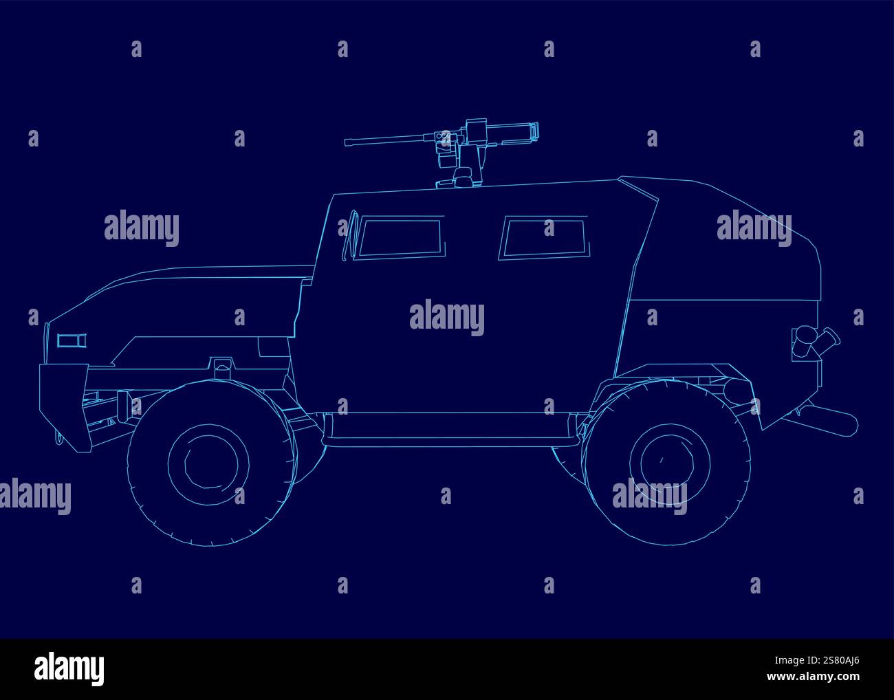 Disegno blu di un veicolo militare con una pistola sopra. Il veicolo è progettato per essere un serbatoio ed è mostrato in un disegno blu Illustrazione Vettoriale