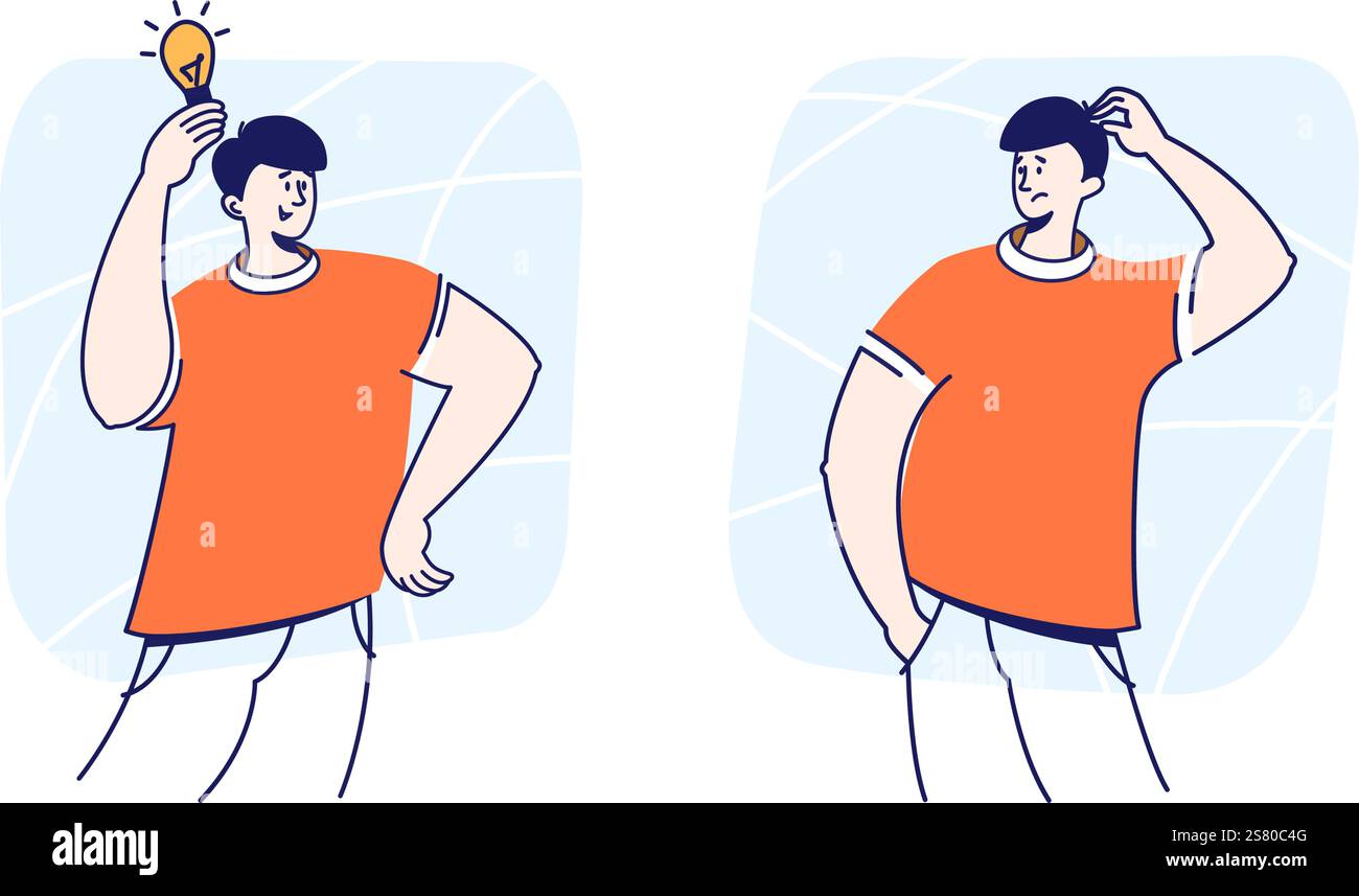 Uomo pensivo che si gratta la testa e uomo felice con un'idea che tiene la lampadina piatta set illustrativo Illustrazione Vettoriale