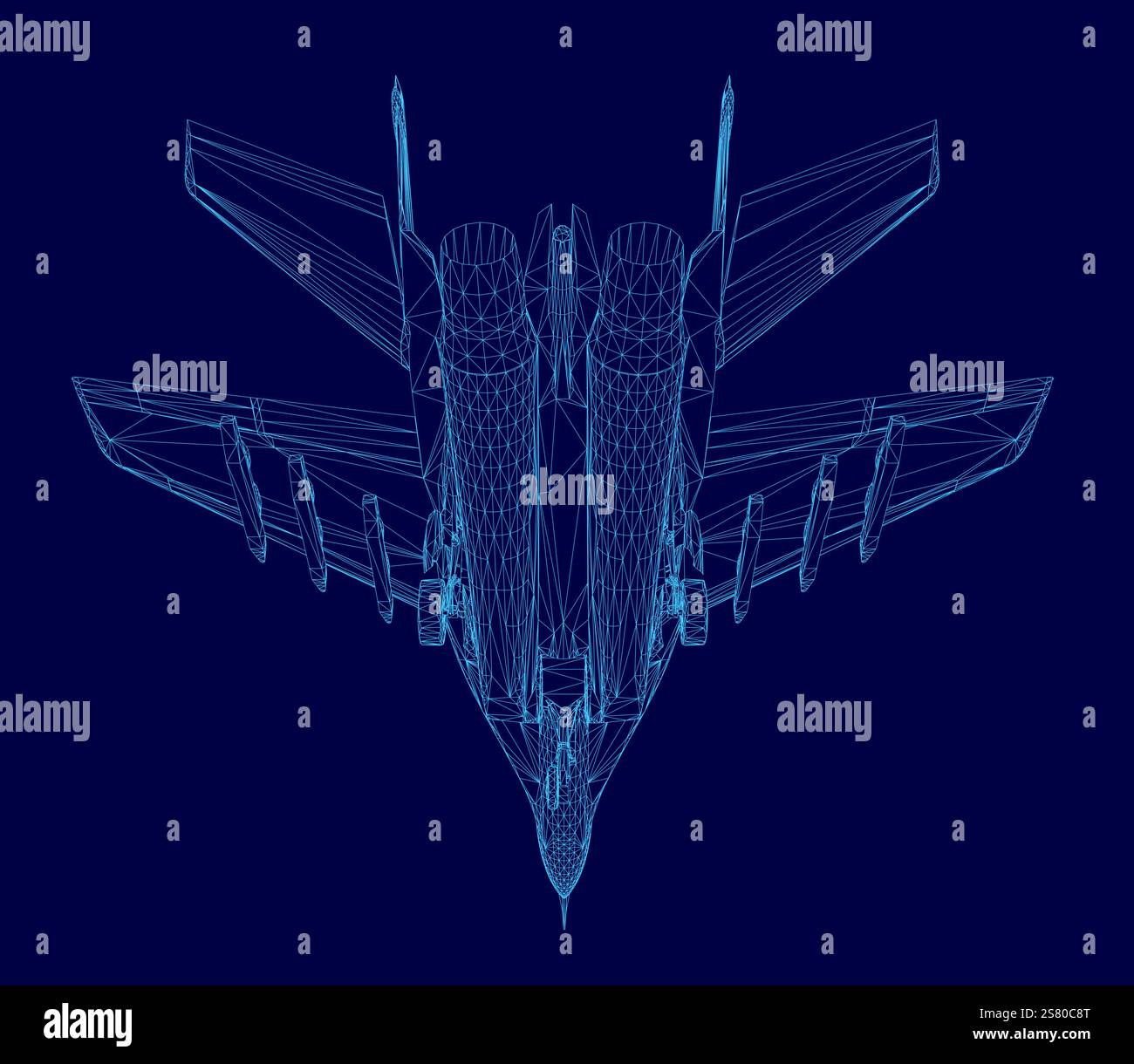 L'aereo blu con un'ala è mostrato su sfondo blu. L'immagine è un rendering generato dal computer di un jet da caccia Illustrazione Vettoriale
