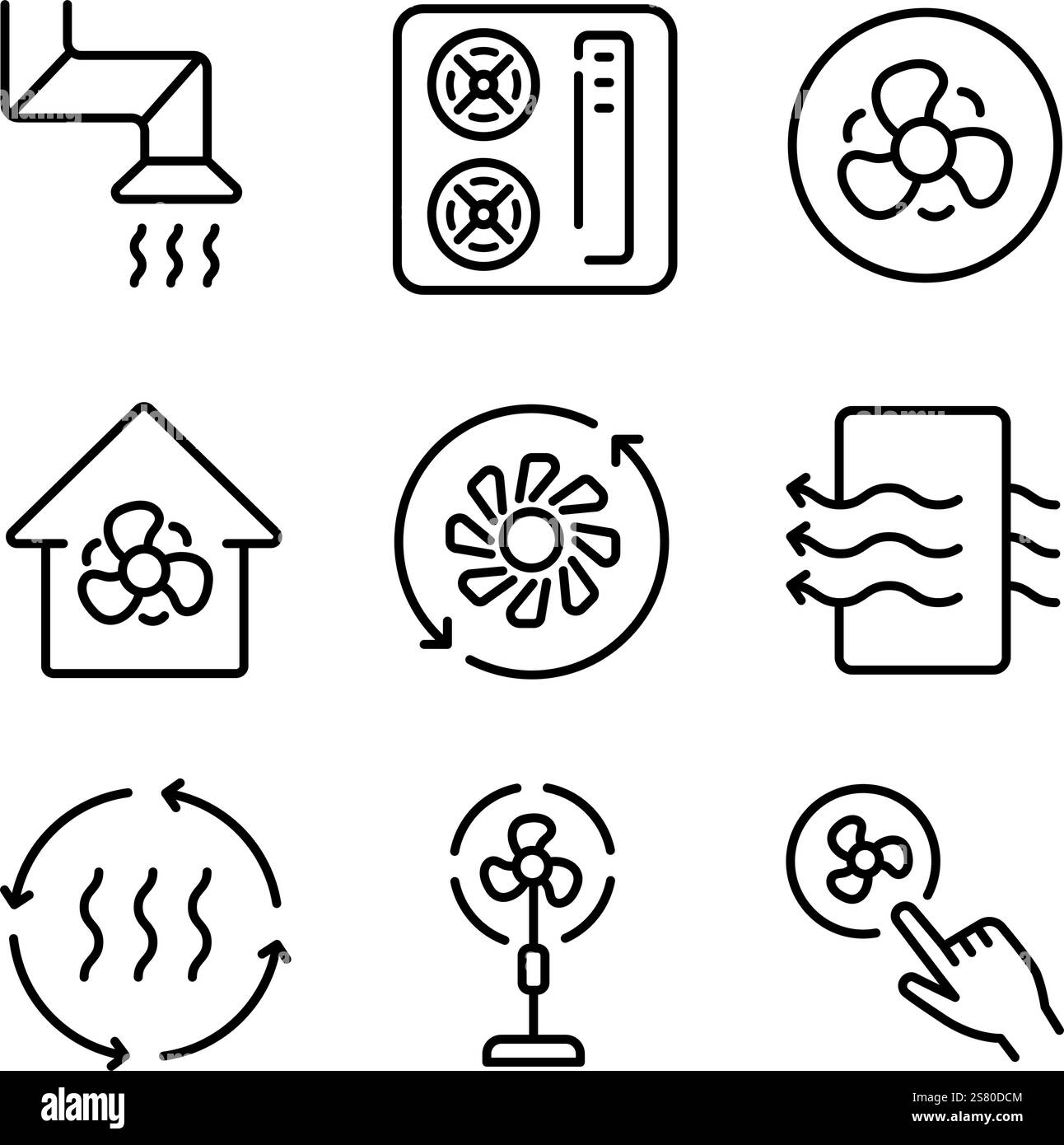Set di icone vettoriali del sistema di ventilazione domestica. Raccolta delle icone del profilo di ventilazione. Include condizionatore d'aria, essiccatore d'aria, condotto d'aria, ventola di raffreddamento, scarico fa Illustrazione Vettoriale