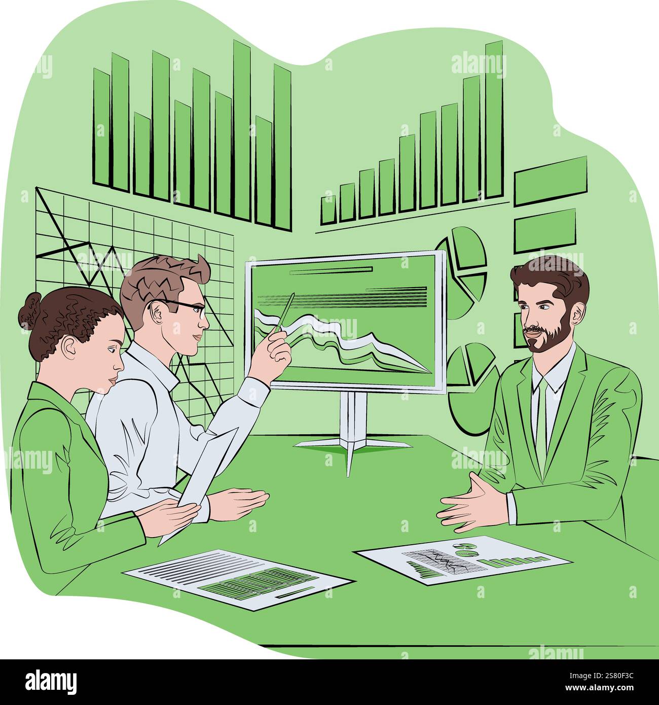 Un gruppo di persone conduce colloqui con le parti interessate per identificare e comprendere i problemi del processo decisionale. Illustrazione vettoriale. Illustrazione Vettoriale