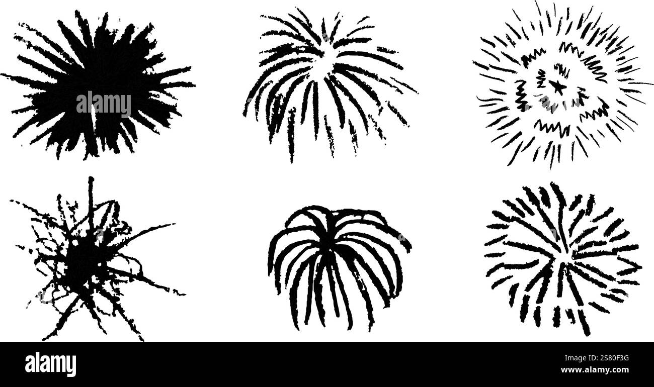Fuochi d'artificio una bella matita disegna gli elementi per festeggiare il compleanno e l'anniversario. Set di schizzi di colore nero in stile fulmini, esplosioni, raggi solari Illustrazione Vettoriale