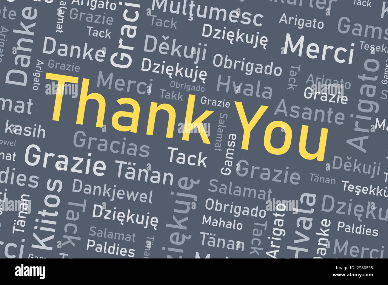 Grazie a Languages Concept Design. Grazie, frase design internazionale. Illustrazione Vettoriale