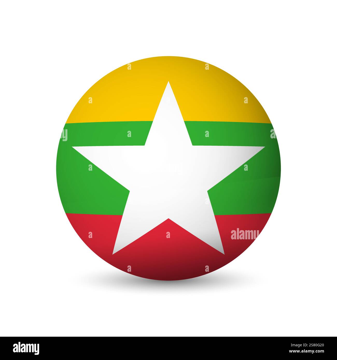 Myanmar flag - sfera 3D in colori di bandiera che rappresenta un'identità culturale e un patrimonio nazionale. L'essenza dell'orgoglio nazionale e dell'unità. Oggetto vettoriale su sfondo bianco. Illustrazione Vettoriale