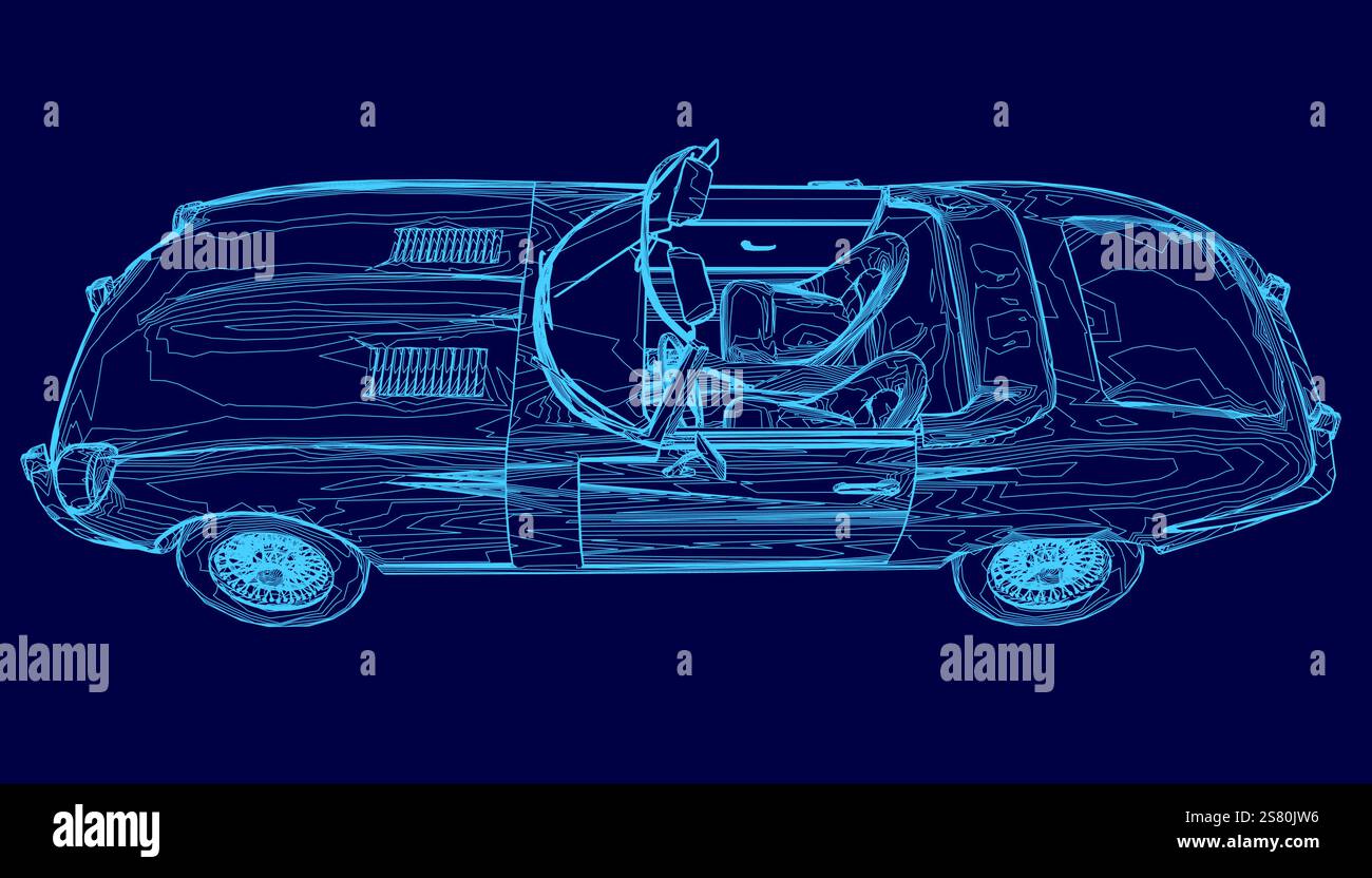 Auto blu con sedile di guida e parabrezza. L'auto è un modello vintage. Il colore blu dell'auto conferisce un look moderno e futuristico Illustrazione Vettoriale