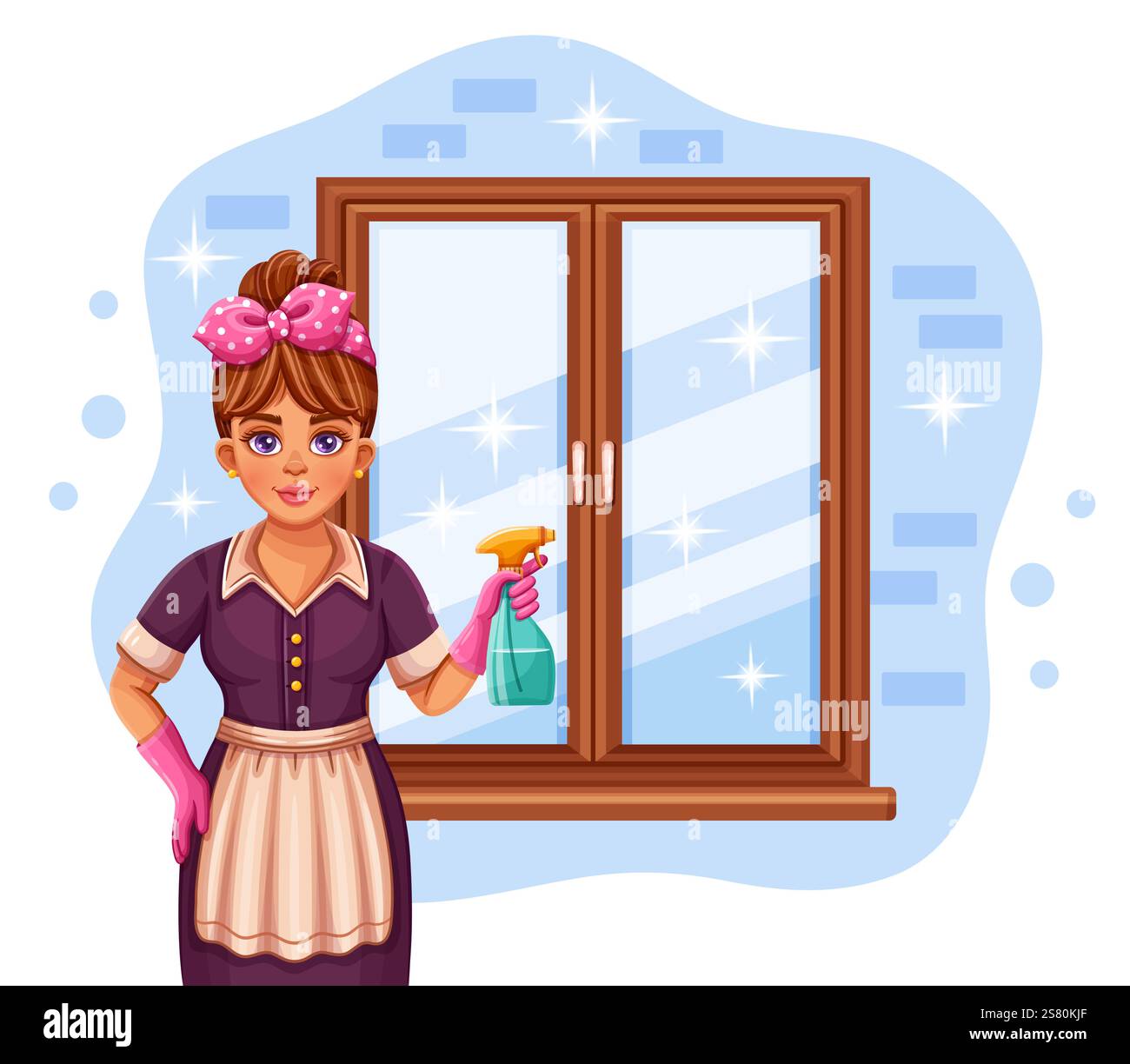 Рousekeeper, donna casalinga pulire vetro finestra, acqua lavaggio spruzzetta. Cameriera, pulizie, cameriere. Vettore cameriera dell'hotel Illustrazione Vettoriale