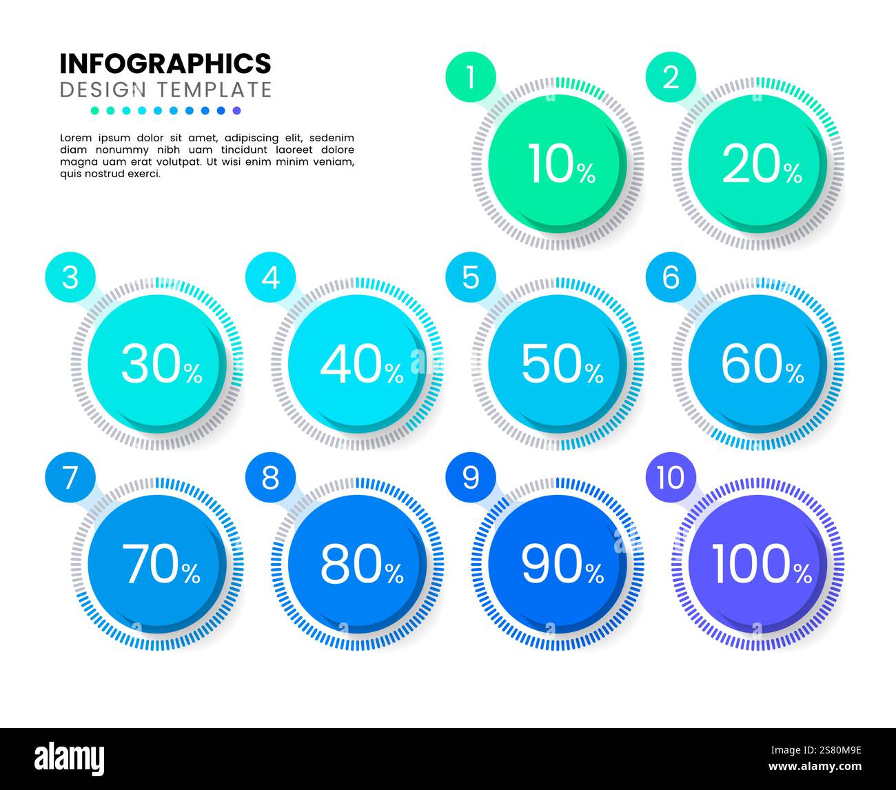 Modello infografico. Percentuale di cerchi di caricamento. Può essere utilizzato per layout del flusso di lavoro, diagrammi, banner, webdesign. Illustrazione vettoriale Illustrazione Vettoriale