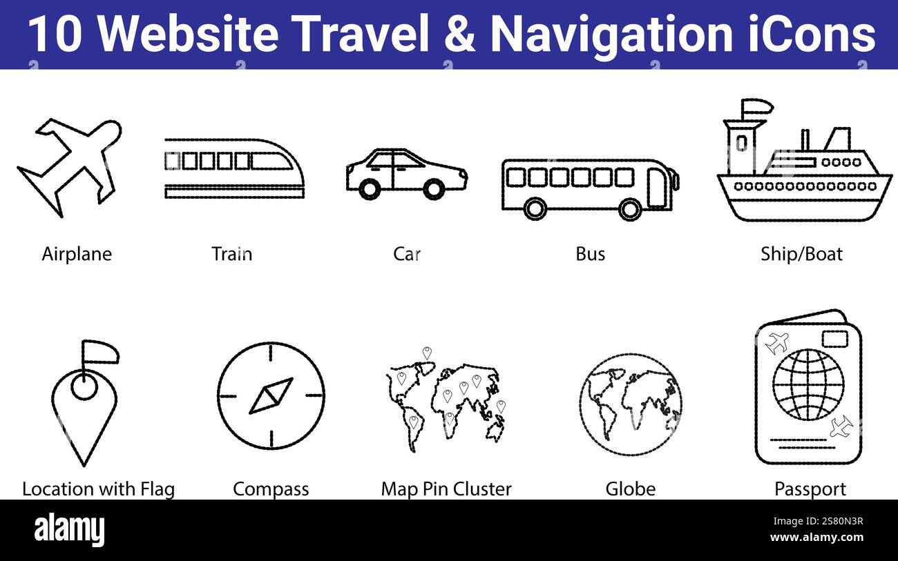 Set di 10 icone di navigazione e viaggio del sito Web Illustrazione Vettoriale