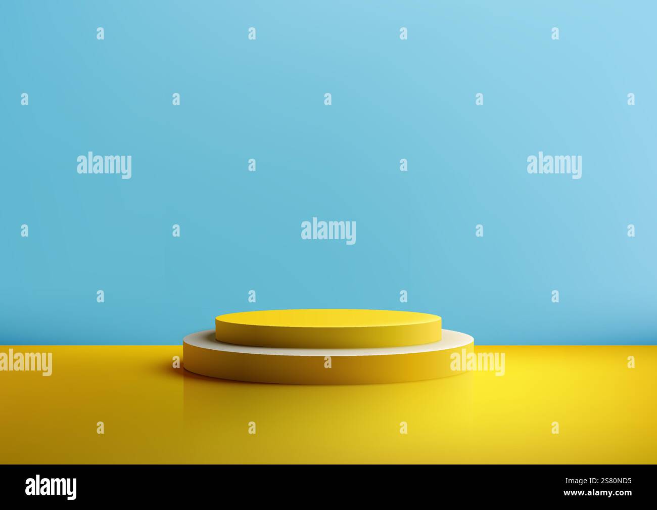 Podio giallo e bianco 3D su uno sfondo blu brillante, che crea un'estetica vivace e moderna per espositori di prodotti, mockup e sho creativo Illustrazione Vettoriale