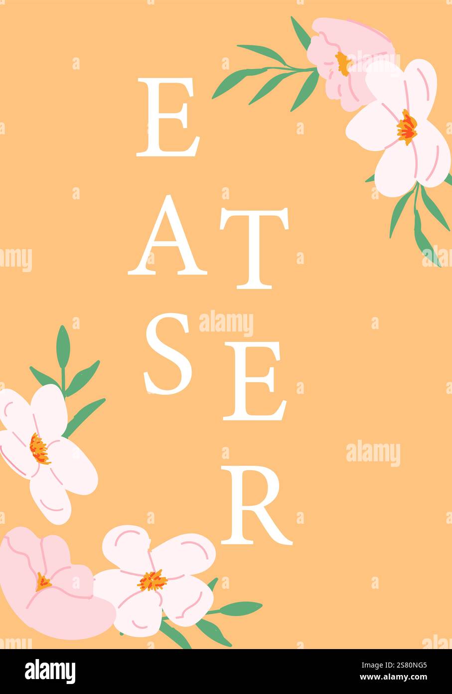 Design pasquale con fiori pastello e lettere su sfondo pesca. Scheda di geometria moderna astratta di Pasqua. Illustrazione Vettoriale