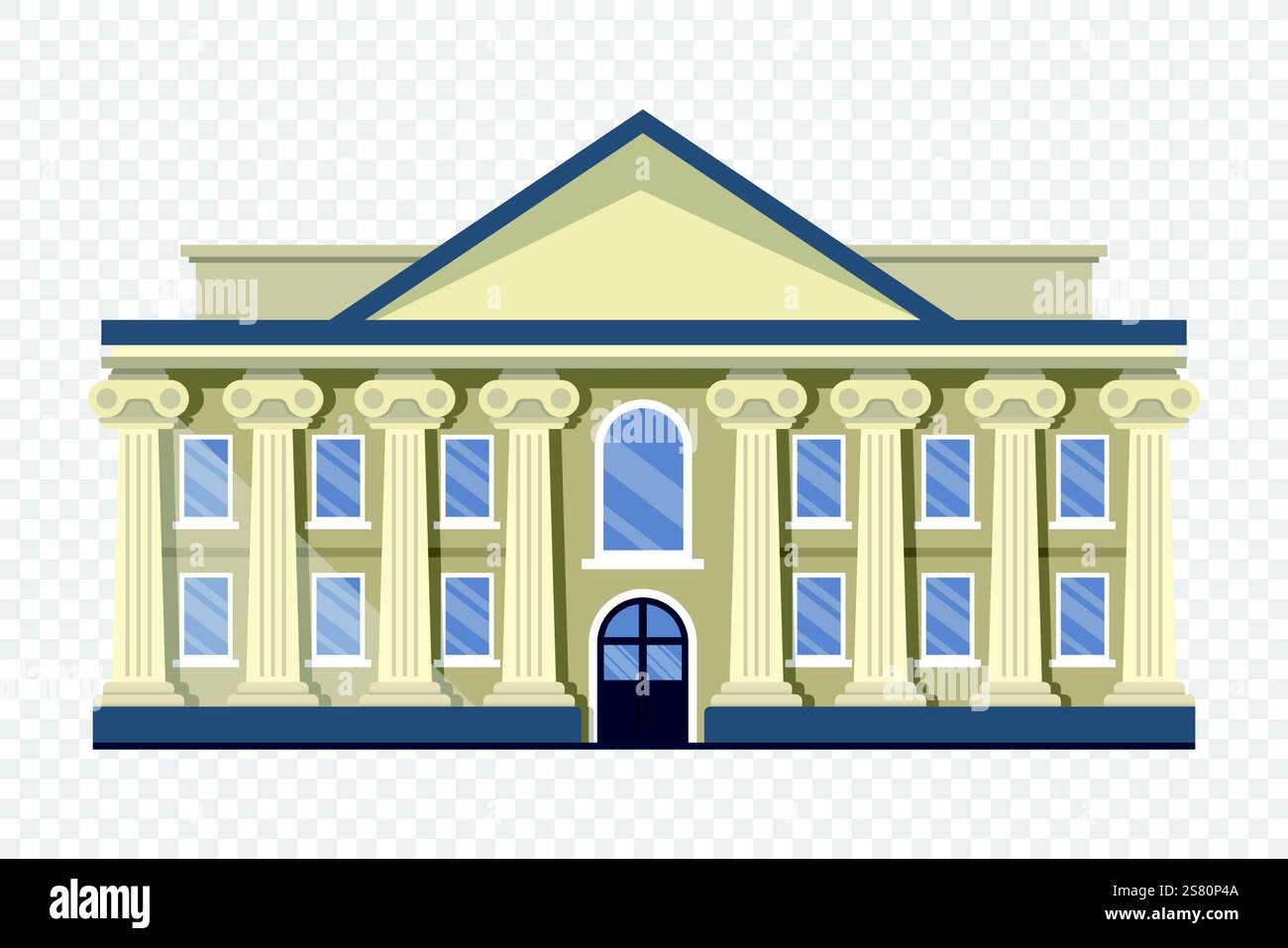 Icona di un edificio di banche in stile piatto. Illustrazione dei vettori del dipartimento di finanziamento su sfondo isolato. Tribunale con colonne che indicano il concetto di business. Illustrazione Vettoriale