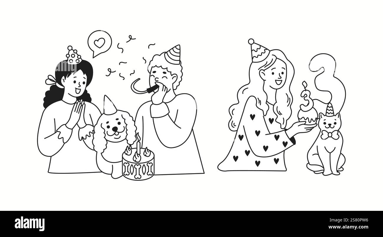 Proprietari che celebrano i compleanni degli animali domestici, la collezione di icone lineari. Le persone felici durante le vacanze con gli animali sguazzano personaggi ambientati su sfondo bianco Illustrazione Vettoriale