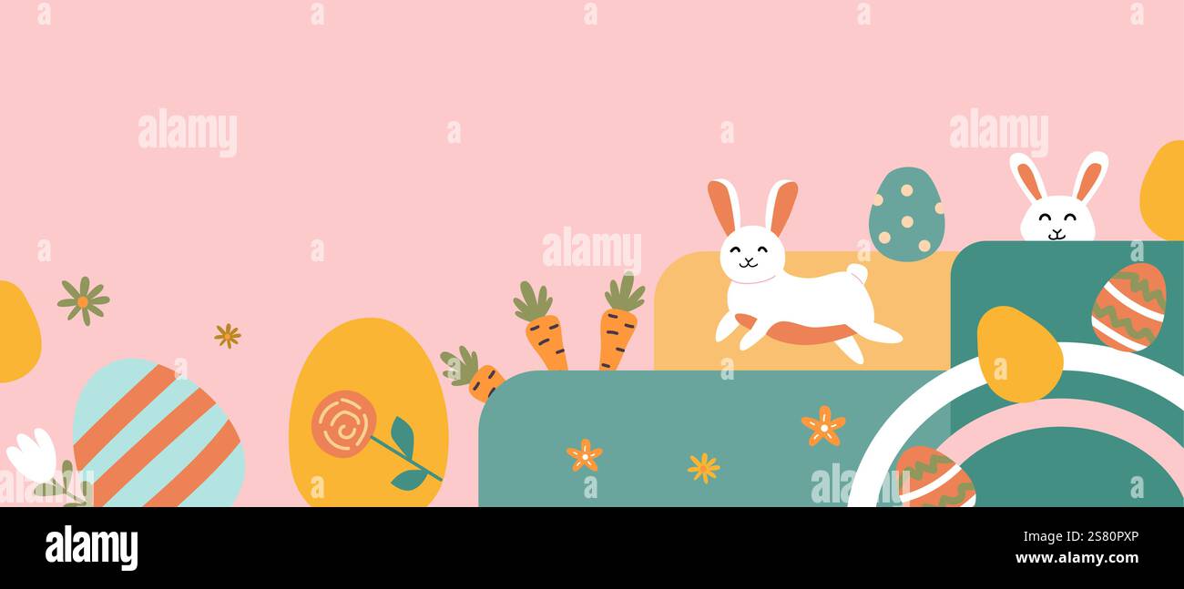 Divertente scena pasquale con coniglietti, uova e carote dai colori pastello. Illustrazione Vettoriale