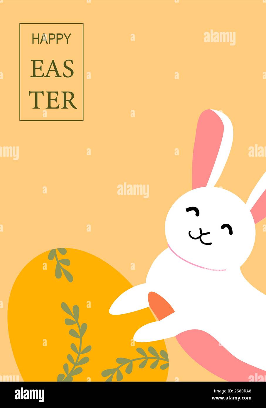 Simpatico coniglietto pasquale con uovo d'arancia su sfondo pastello. Scheda di geometria moderna astratta di Pasqua. Illustrazione Vettoriale