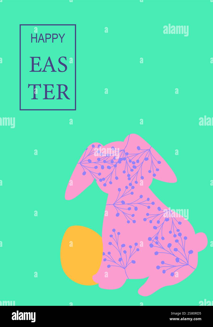 Colorato biglietto di auguri di pasqua con coniglietto rosa floreale e uovo dorato. Illustrazione Vettoriale