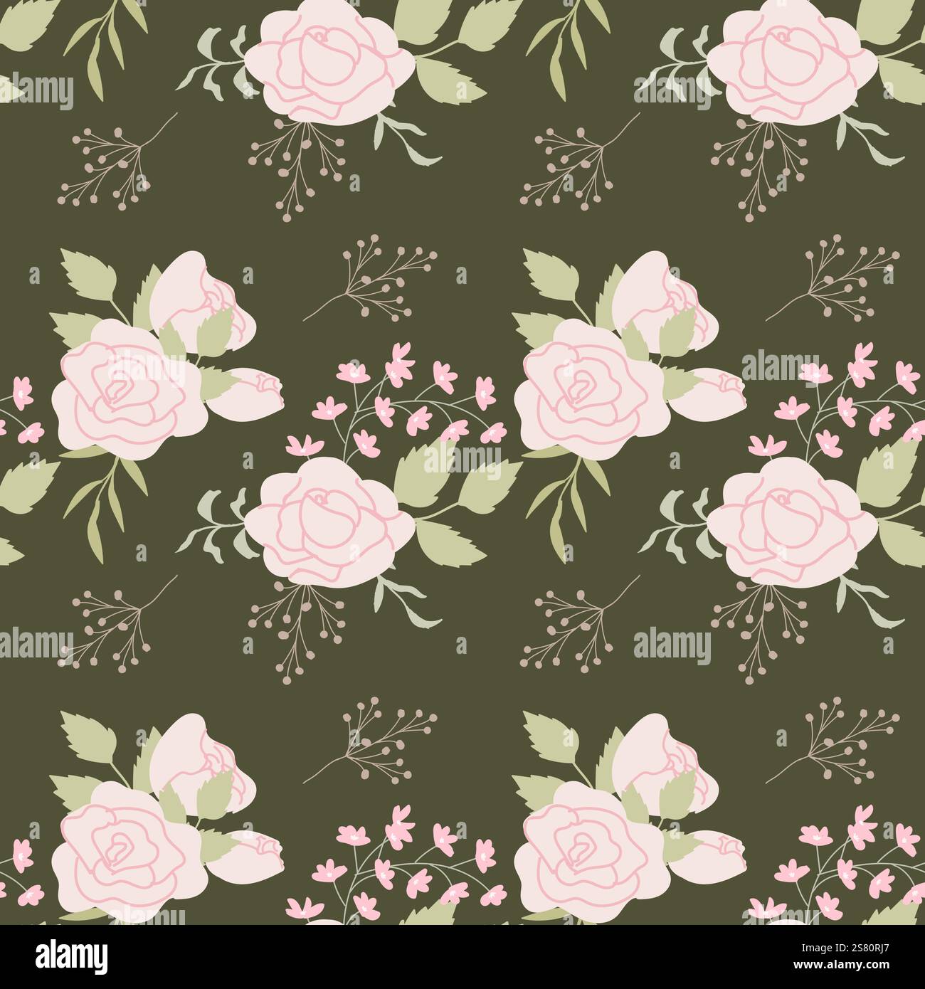 Motivo floreale vintage con rose rosa e foglie verdi su sfondo di oliva. Illustrazione Vettoriale