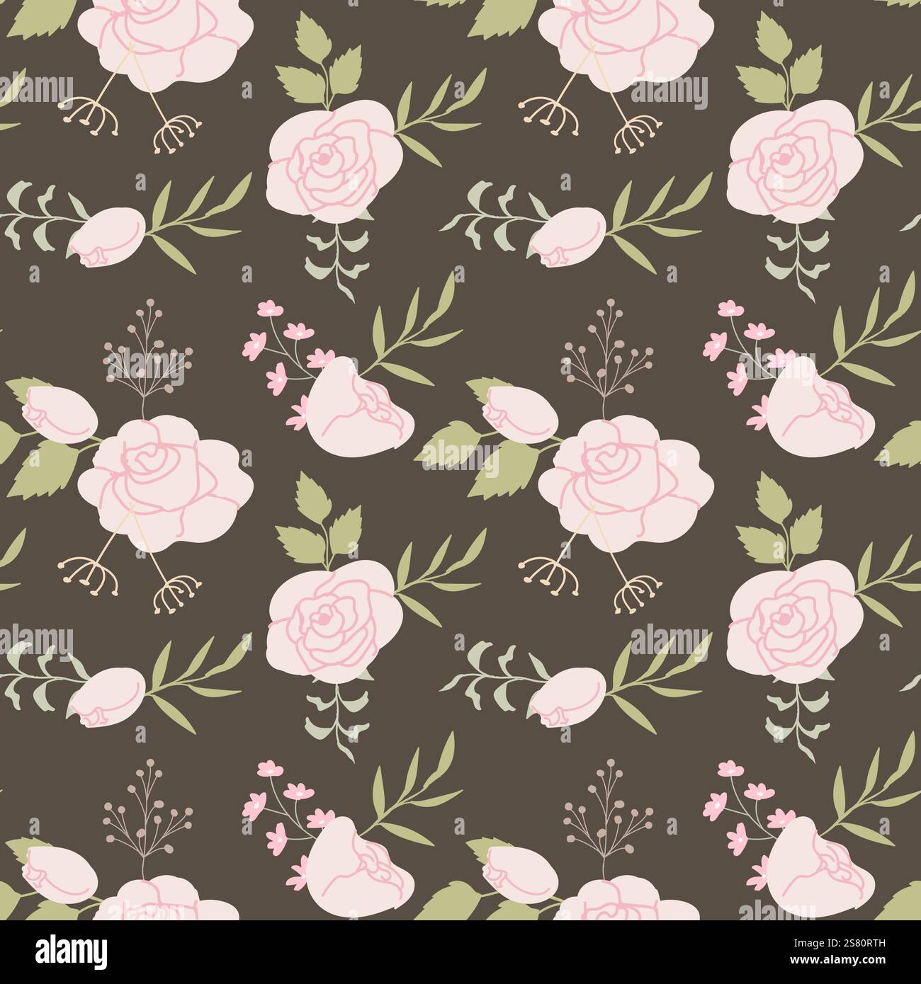 Motivo floreale pastello con rose rosa e foglie verdi su sfondo marrone. Illustrazione Vettoriale