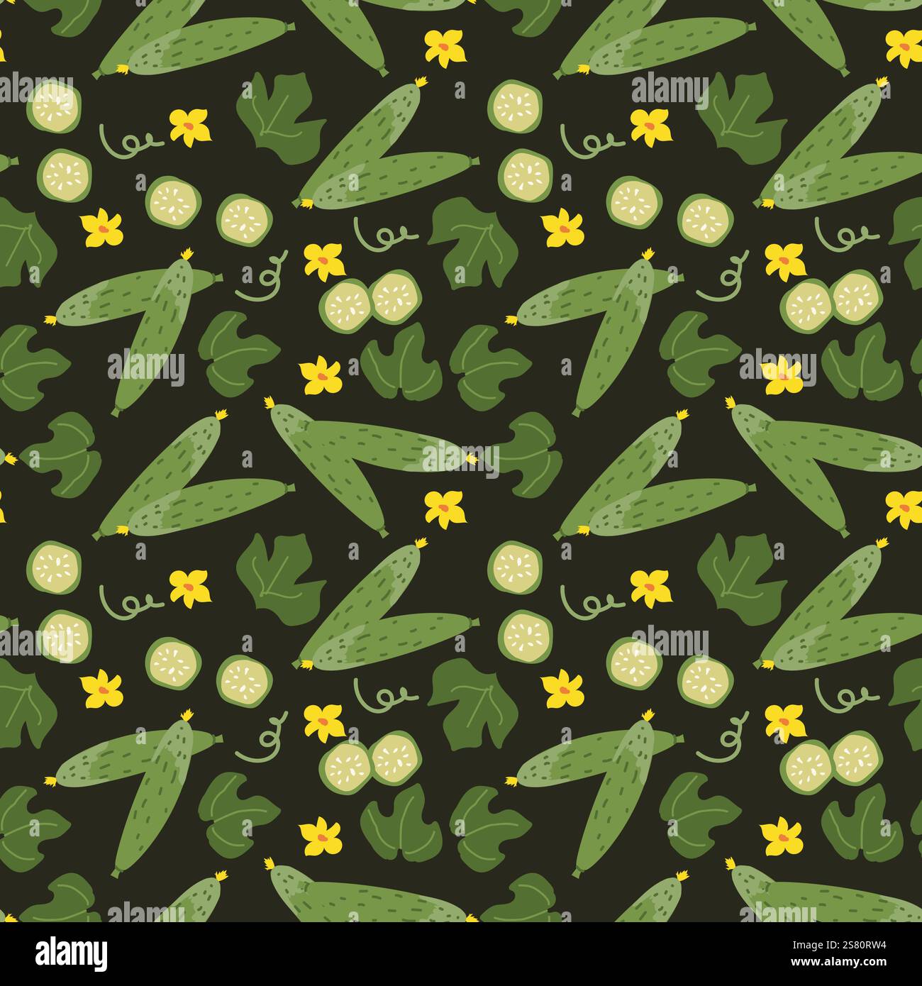 Cetriolo verde senza cuciture con fiori e foglie gialle. Illustrazione Vettoriale