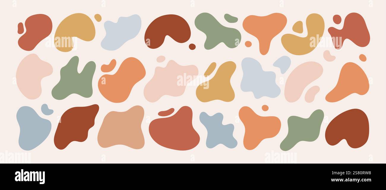 Forma libera. Set di forme di liquido organico boho astratto. Elementi grafici moderni. Illustrazioni vettoriali isolate su sfondo beige Illustrazione Vettoriale