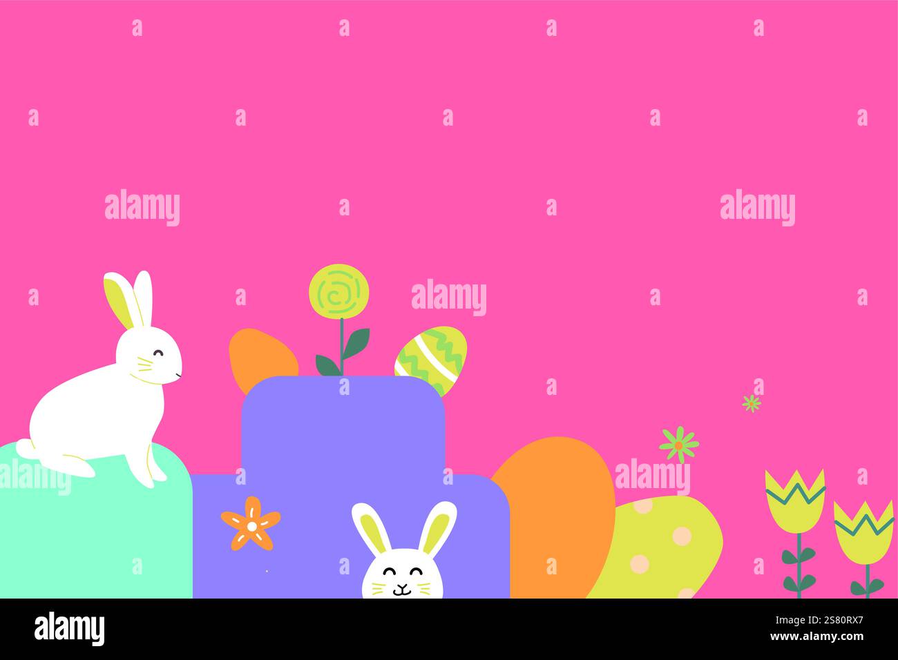 Colorato design pasquale con coniglietti di cartoni animati e uova su sfondo rosa. Illustrazione Vettoriale