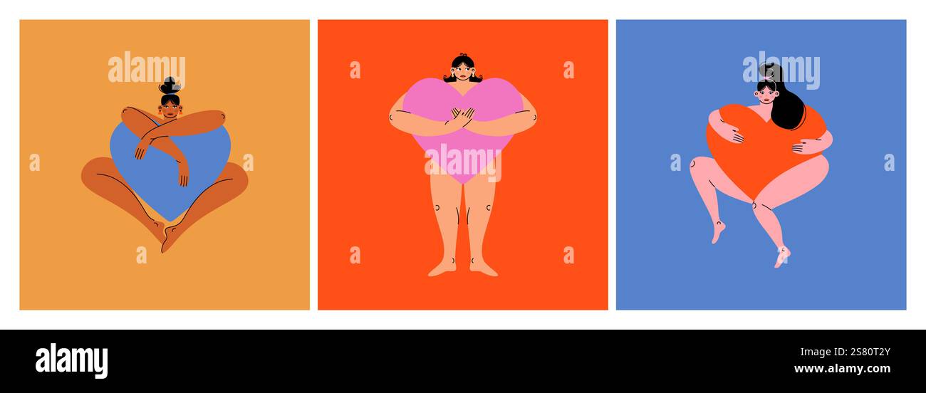 Donna con un grande cuore. Personaggi femminili cartoni animati con enormi simboli d'amore, carte romantiche valentine, amicizia relazione auto amore concetto. Illustrazione Vettoriale