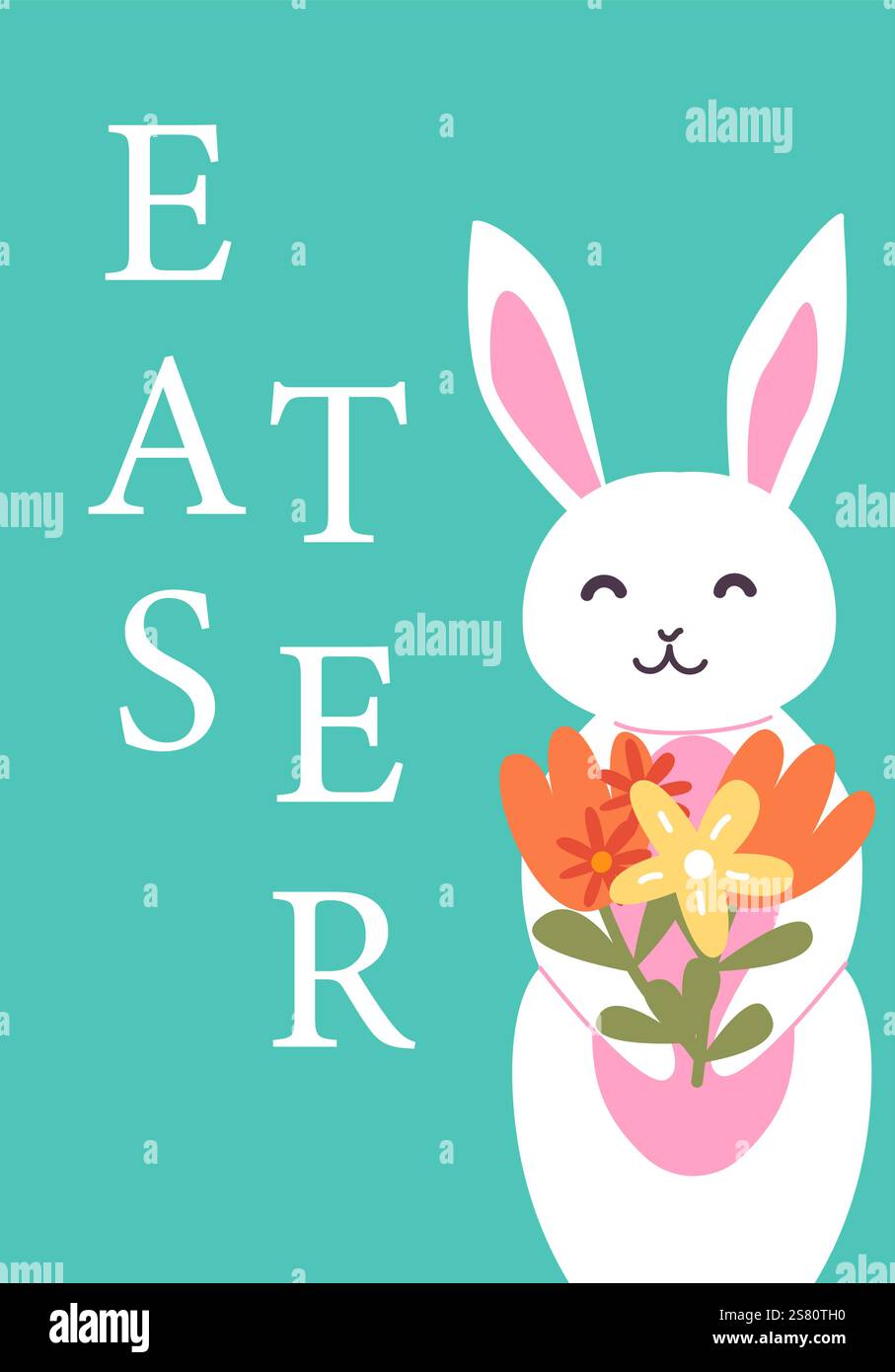 Coniglietto pasquale con fiori colorati sullo sfondo color verde acqua. Scheda di geometria moderna astratta di Pasqua. Illustrazione Vettoriale