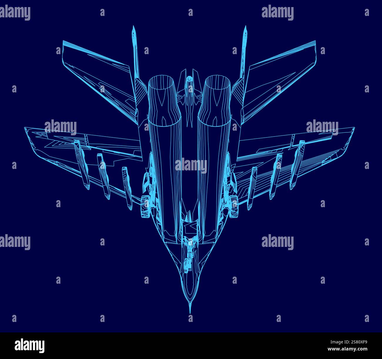 Nell'immagine viene mostrato un aereo blu con un'ala. L'aereo è un jet da caccia ed è raffigurato in un modo stilizzato e cartoni animati Illustrazione Vettoriale