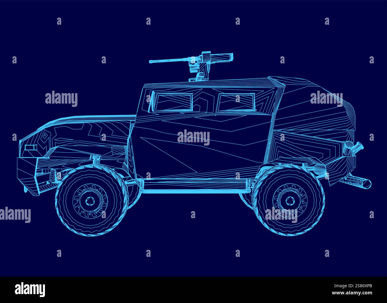 Disegno blu di un veicolo militare con una pistola sopra. Il veicolo è progettato per essere un serbatoio e presenta molti dettagli. La scena è seria e intensa, come me Illustrazione Vettoriale
