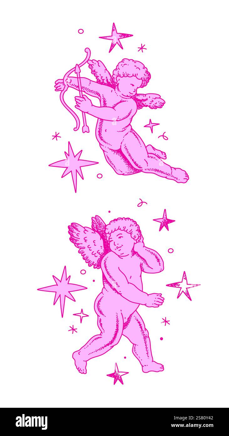 Il cherubino delinea e linee artistiche per San Valentino con cupido Vector. Simbolo vettoriale dell'amore e del romantico. Illustrazione Antique Angel Baby Cupid Illustrazione Vettoriale