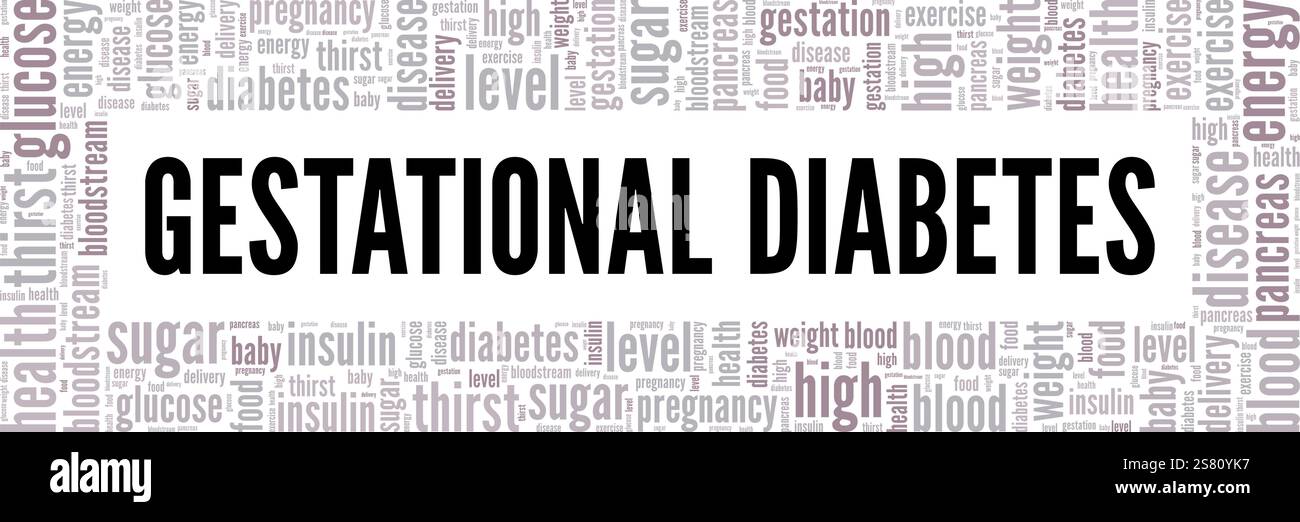 Progettazione concettuale cloud di parole per il diabete gestazionale isolata su sfondo bianco. Illustrazione Vettoriale