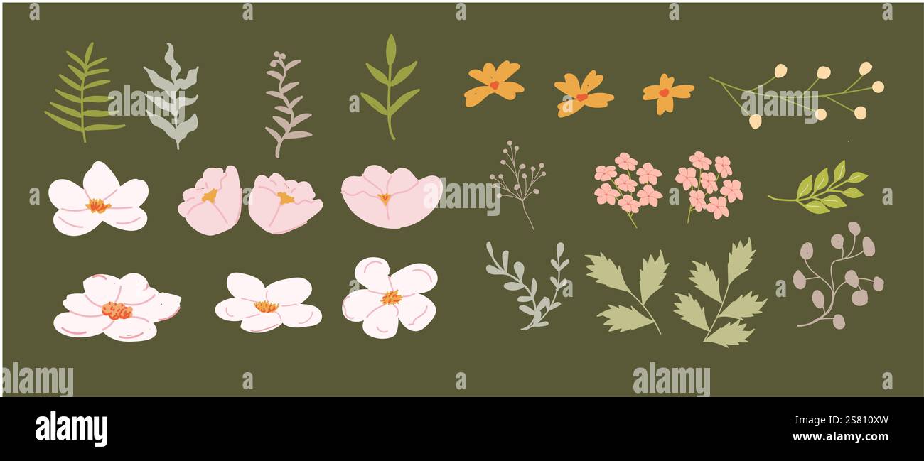 Composizione floreale: Fiori e foglie pastello diversi su sfondo verde oliva. Illustrazione Vettoriale