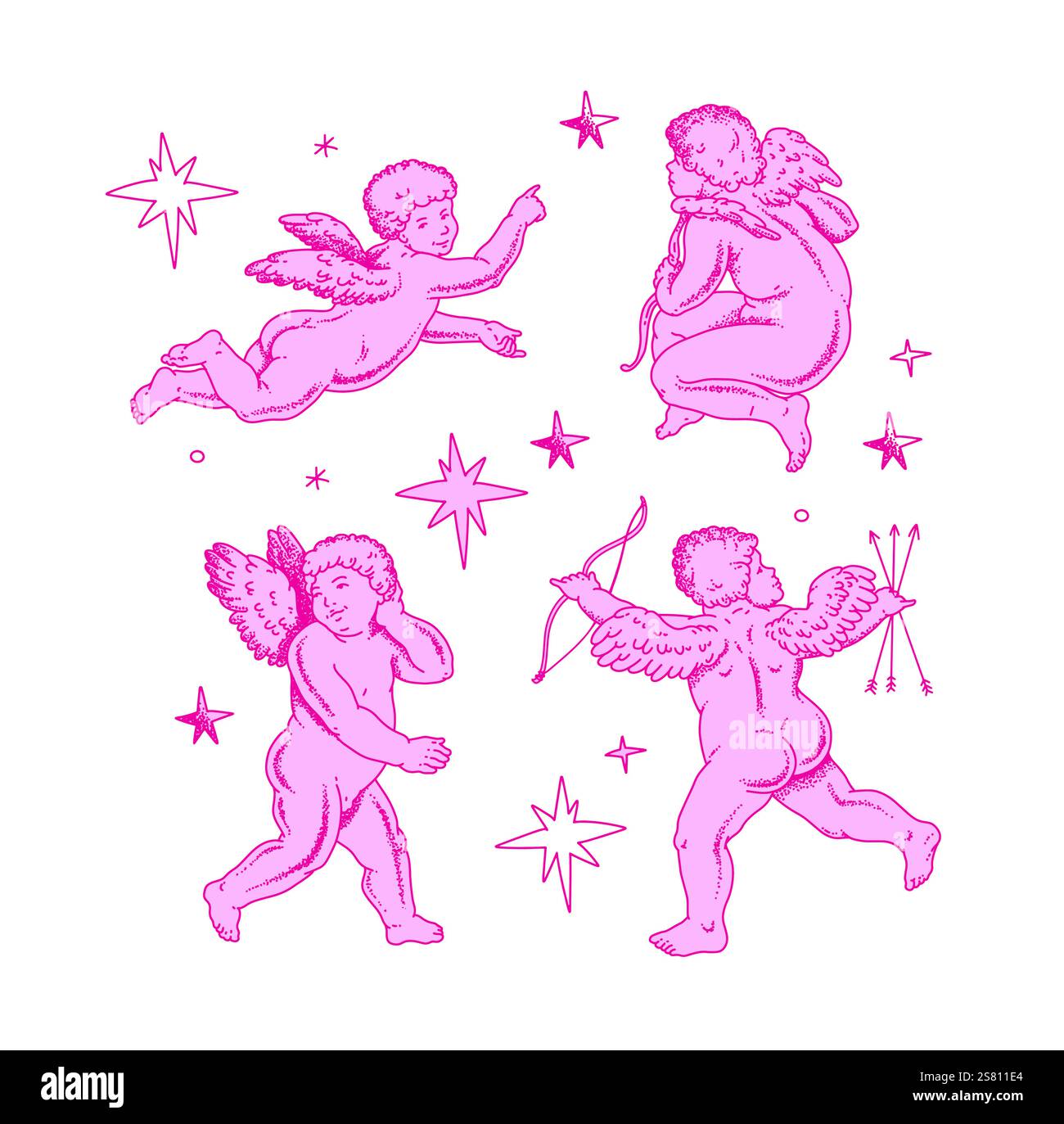 Il cherubino delinea e linee artistiche per San Valentino con cupido Vector. Simbolo vettoriale dell'amore e del romantico. Illustrazione Antique Angel Baby Cupid Illustrazione Vettoriale