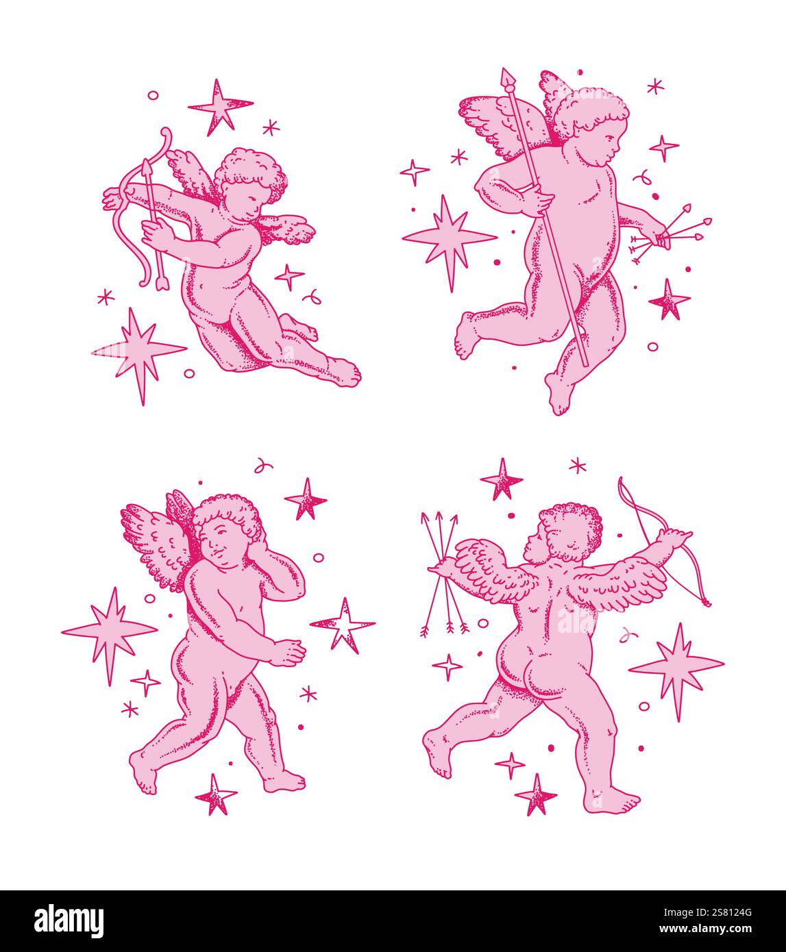 Il cherubino delinea e linee artistiche per San Valentino con cupido Vector. Simbolo vettoriale dell'amore e del romantico. Illustrazione Antique Angel Baby Cupid Illustrazione Vettoriale