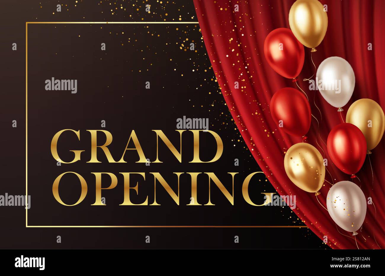 Cerimonia di inaugurazione della tenda rossa che drappa le pieghe d'onda palco del teatro Confetti d'oro e palloncini Illustrazione Vettoriale