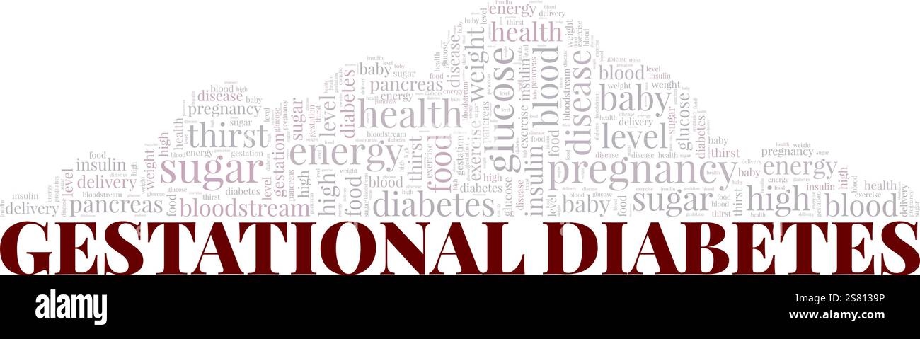 Progettazione concettuale cloud di parole per il diabete gestazionale isolata su sfondo bianco. Illustrazione Vettoriale
